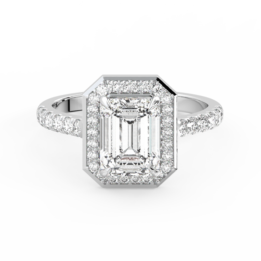Emerald cut halo lab diamond ring featuring an IGI certified center diamond