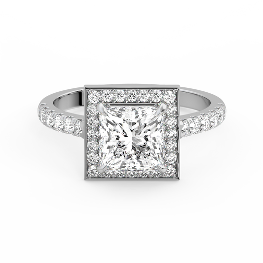 Princess cut halo lab diamond ring featuring an IGI certified center diamond