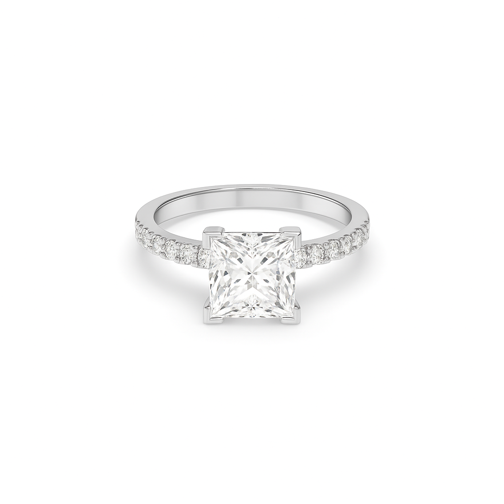 Princess cut pavé lab diamond ring featuring an IGI certified center diamond