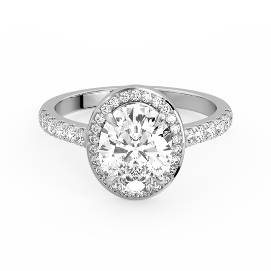 Oval cut halo lab diamond ring featuring an IGI certified center diamond