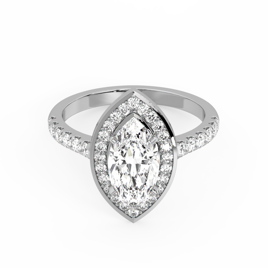 Marquise cut halo lab diamond ring featuring an IGI certified center diamond