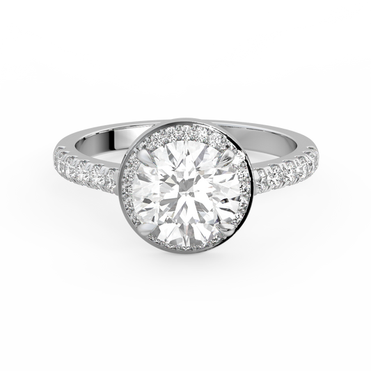 Round halo lab diamond ring featuring an IGI certified center diamond