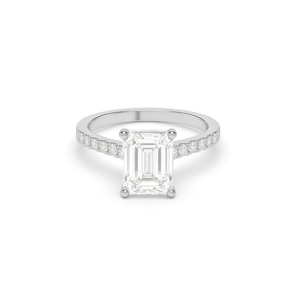 Emerald cut pavé lab diamond ring featuring an IGI certified center diamond