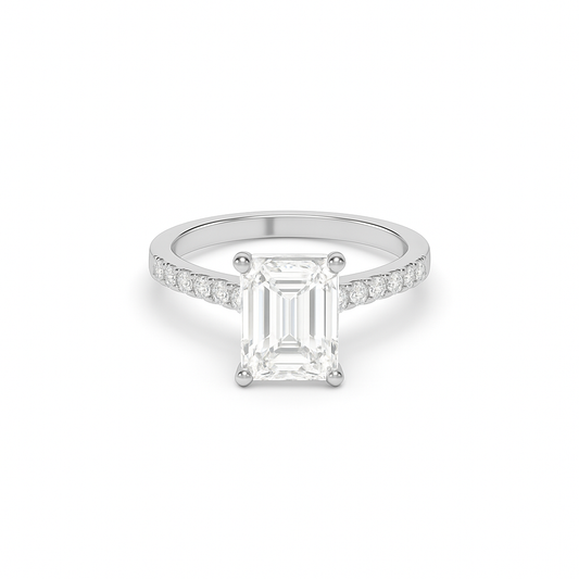 Emerald cut pavé lab diamond ring featuring an IGI certified center diamond