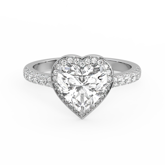 Heart cut halo lab diamond ring featuring an IGI certified center diamond