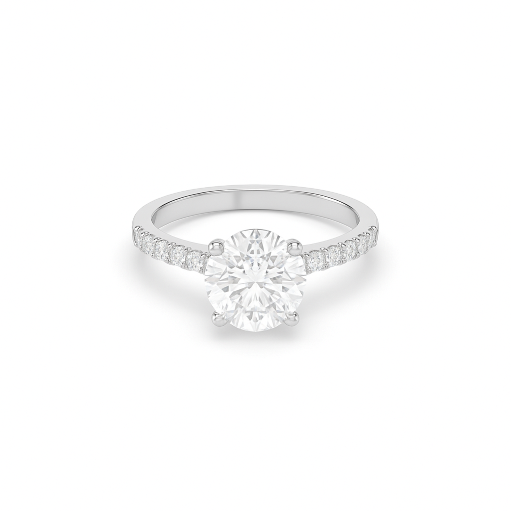 Round pavé lab diamond ring featuring an IGI certified center diamond